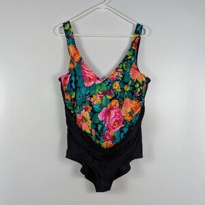 NWT Vintage Slimsuit Floral Black Crossover Slimming One Piece Bathing Suit 22W